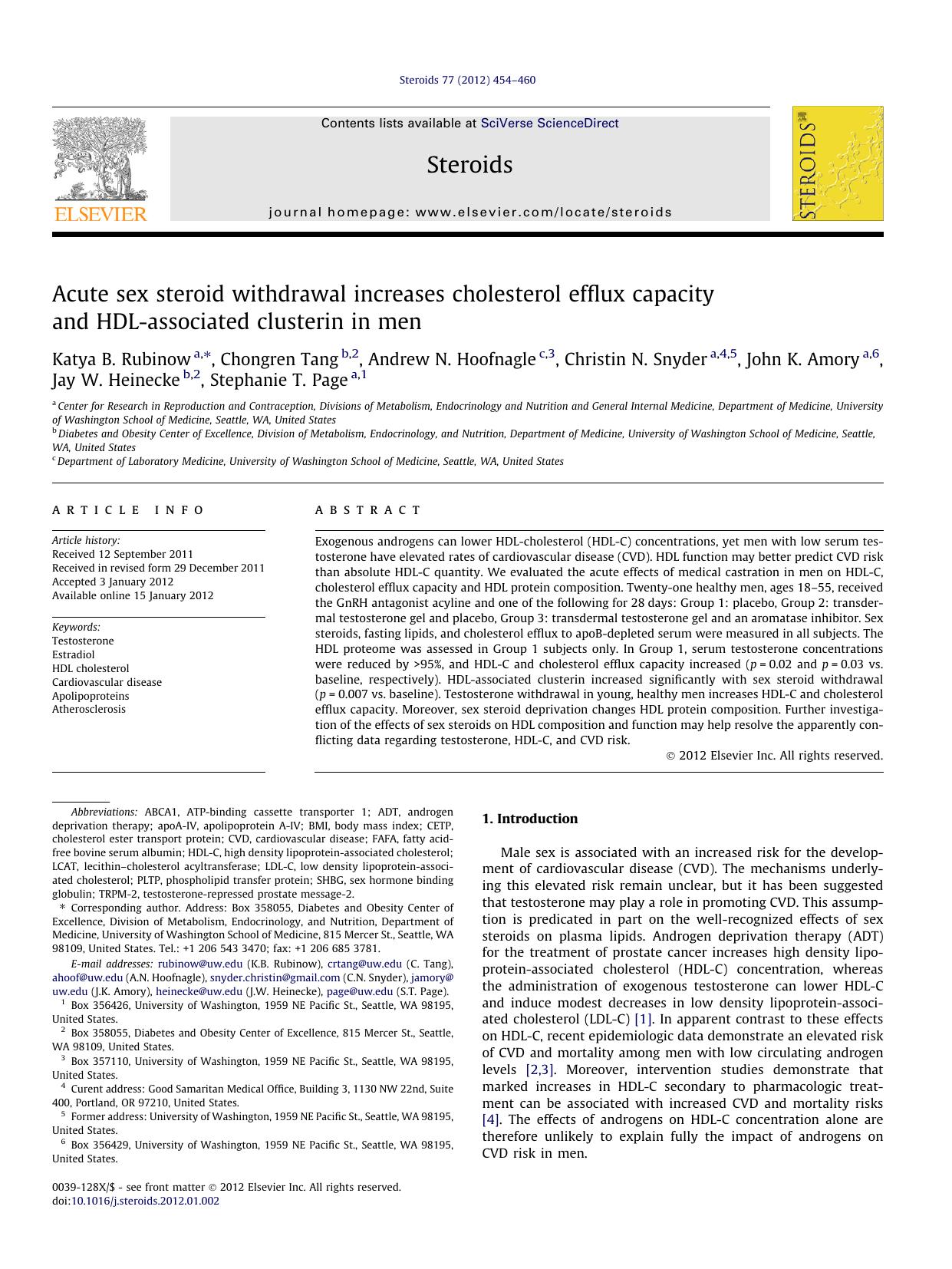 Acute sex steroid withdrawal increases cholesterol efflux capacity and HDL-associated clusterin in men by unknow