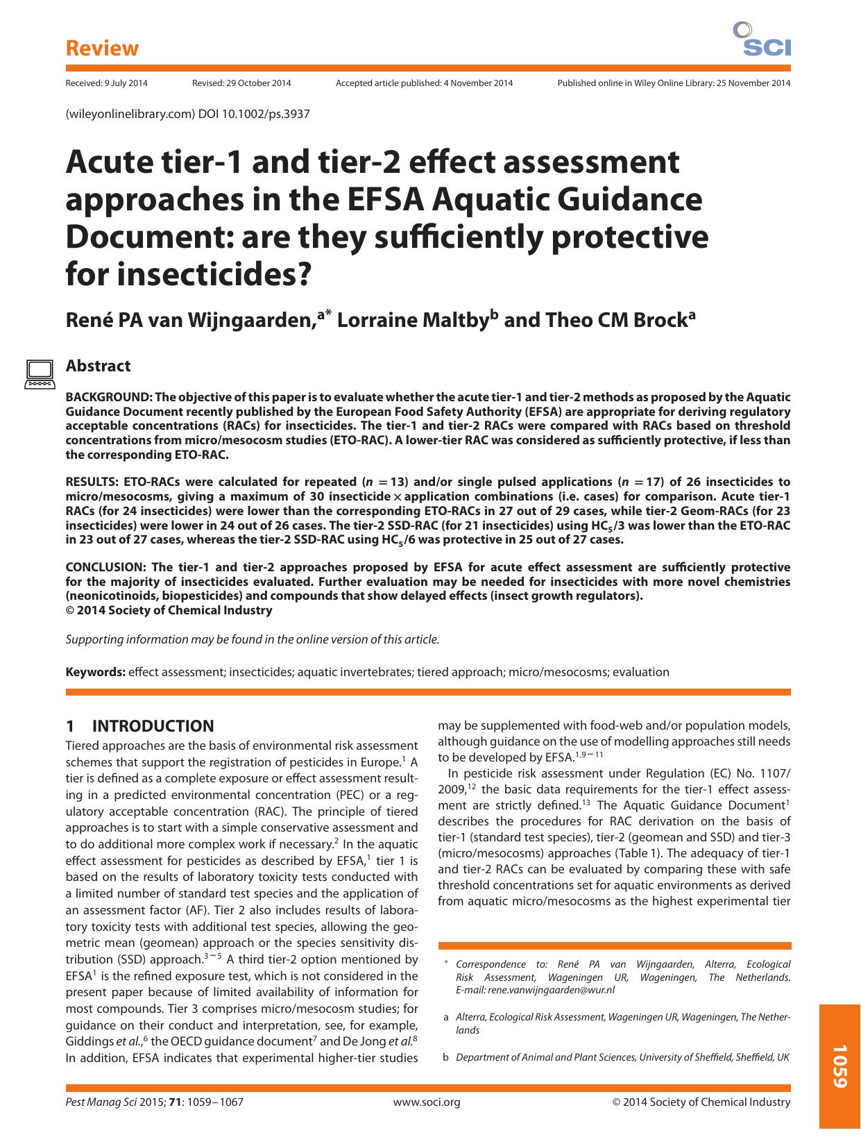 Acute tier-1 and tier-2 effect assessment approaches in the EFSA Aquatic Guidance Document: are they sufficiently protective for insecticides? by Unknown