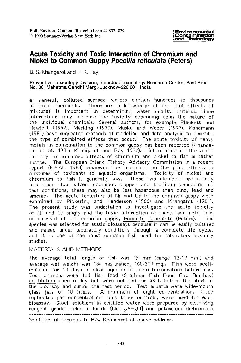 Acute toxicity and toxic interaction of chromium and nickel to common guppy <Emphasis Type="Italic">Poecilia reticulata <Emphasis> (Peters) by Unknown