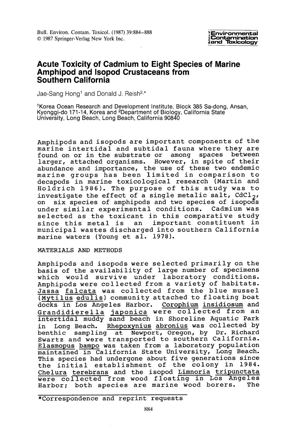 Acute toxicity of cadmium to eight species of marine amphipod and isopod crustaceans from Southern California by Unknown