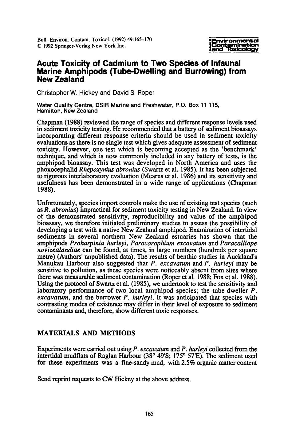Acute toxicity of cadmium to two species of infaunal marine amphipods (tube-dwelling and burrowing) from New Zealand by Unknown