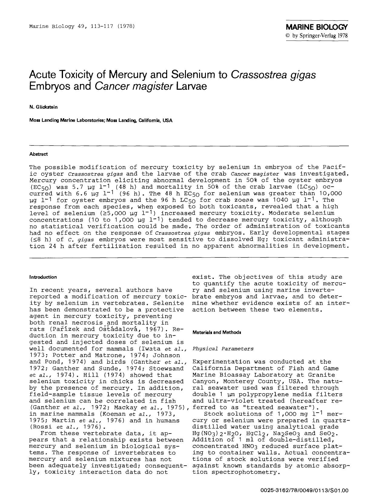 Acute toxicity of mercury and selenium to <Emphasis Type="Italic">Crassostrea gigas<Emphasis> embryos and <Emphasis Type="Italic">Cancer magister<Emphasis> larvae by Unknown