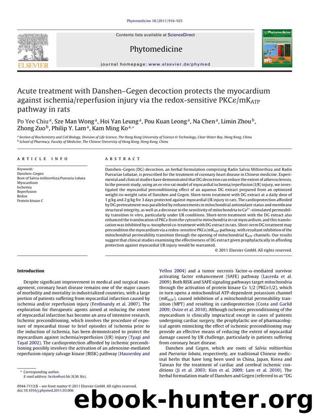 Acute treatment with DanshenÃ¢â¬âGegen decoction protects the myocardium against ischemiareperfusion injury via the redox-sensitive PKCÃâºmKATP pathway in rats by Po Yee Chiu