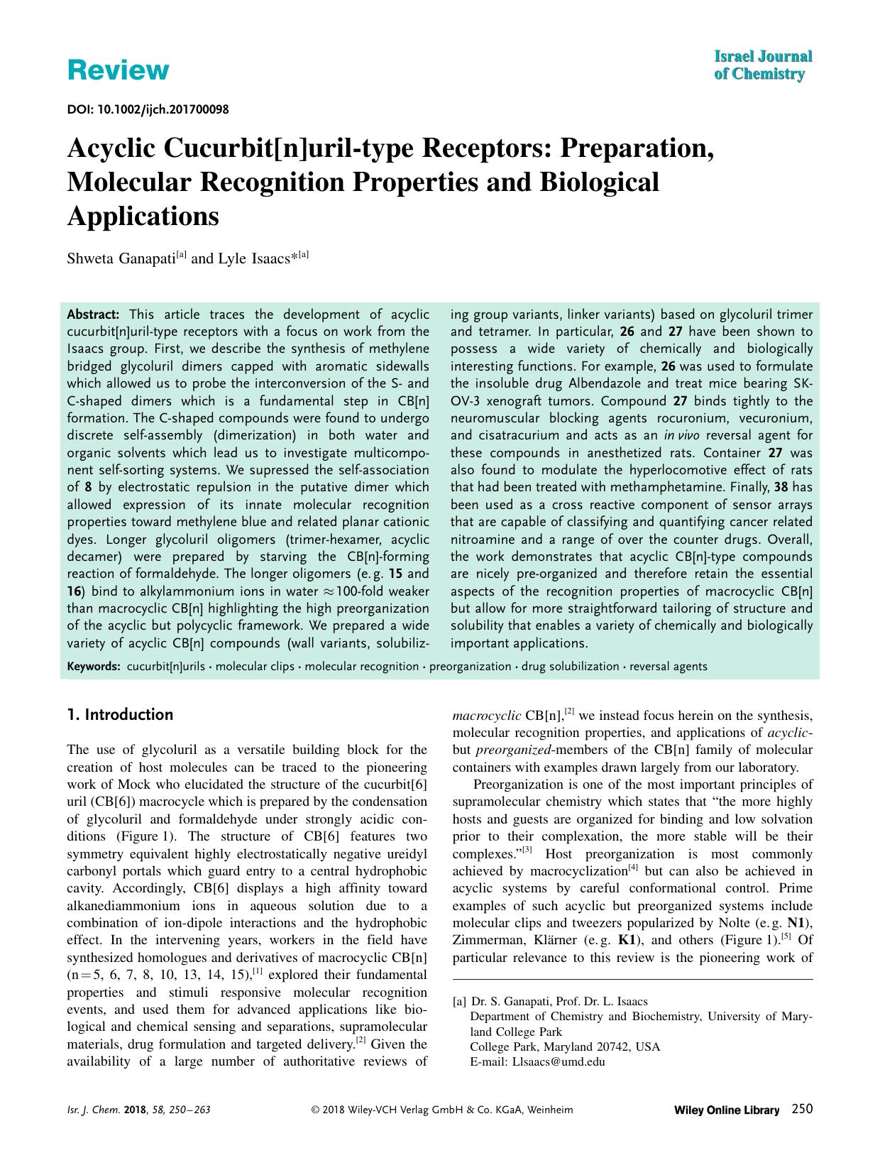 Acyclic Cucurbit[n]urilâtype Receptors: Preparation, Molecular Recognition Properties and Biological Applications by Unknown
