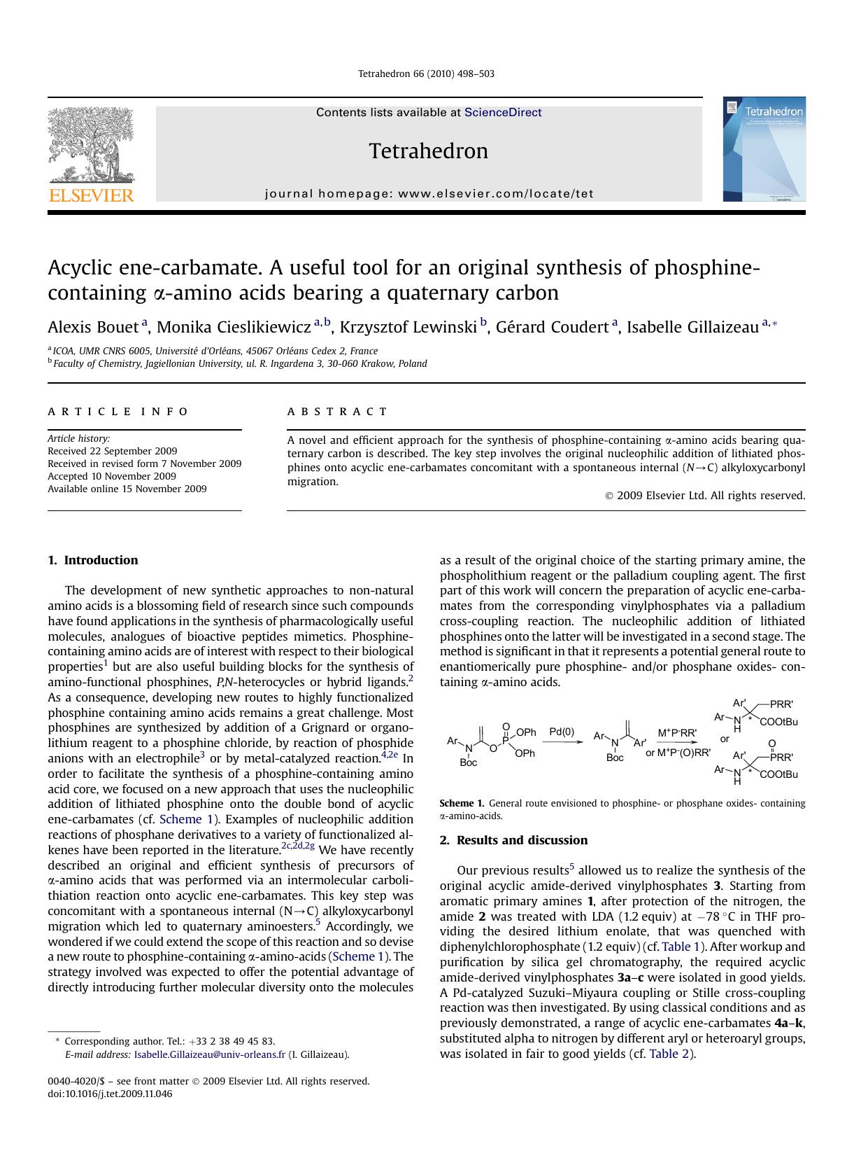Acyclic ene-carbamate. A useful tool for an original synthesis of phosphine-containing &alpha;-amino acids bearing a quaternary carbon by Alexis Bouet; Monika Cieslikiewicz; Krzysztof Lewinski; GErard Coudert; Isabelle Gillaizeau