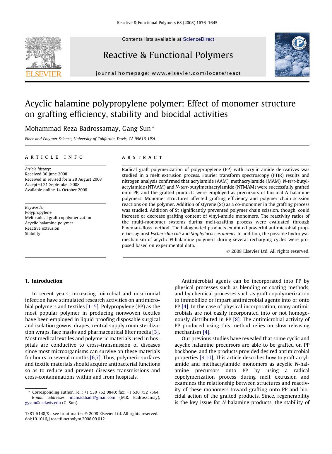 Acyclic halamine polypropylene polymer: Effect of monomer structure on grafting efficiency, stability and biocidal activities by Mohammad Reza Badrossamay; Gang Sun