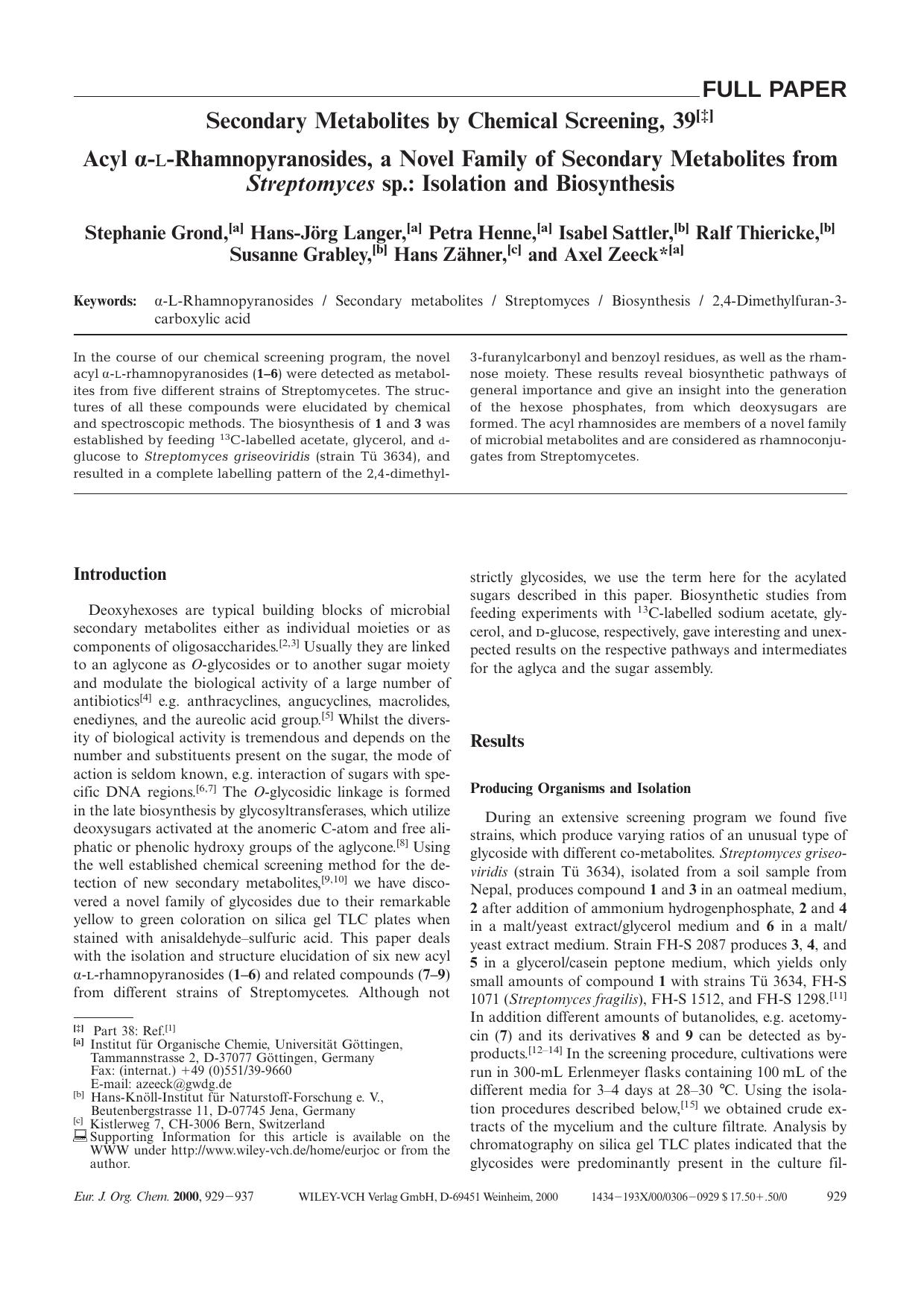 Acyl [agr]-L-Rhamnopyranosides, a Novel Family of Secondary Metabolites from Streptomyces sp.: Isolation and Biosynthesis by Unknown