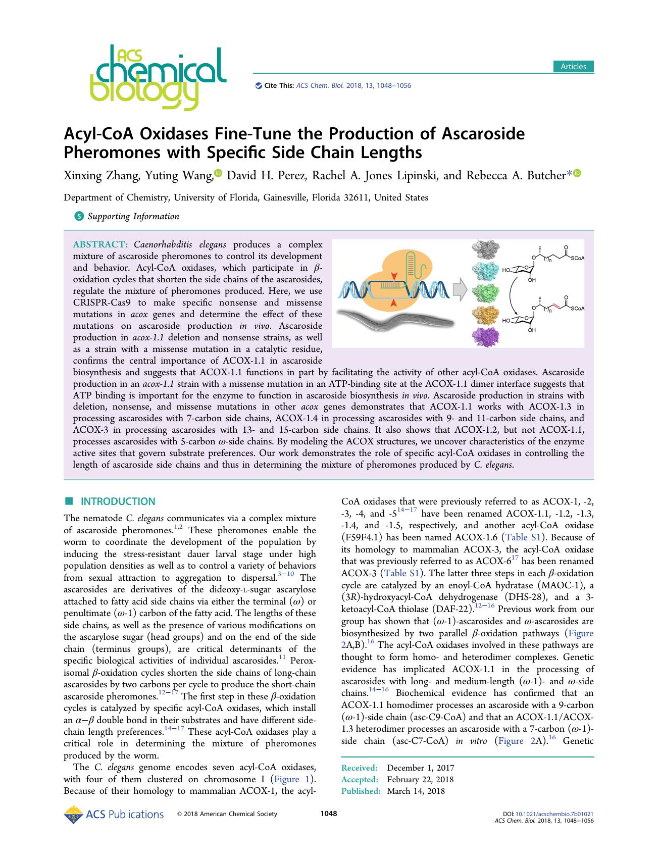 Acyl-CoA Oxidases Fine-Tune the Production of Ascaroside Pheromones with Specific Side Chain Lengths by Xinxing Zhang Yuting Wang David H. Perez Rachel A. Jones Lipinski and Rebecca A. Butcher