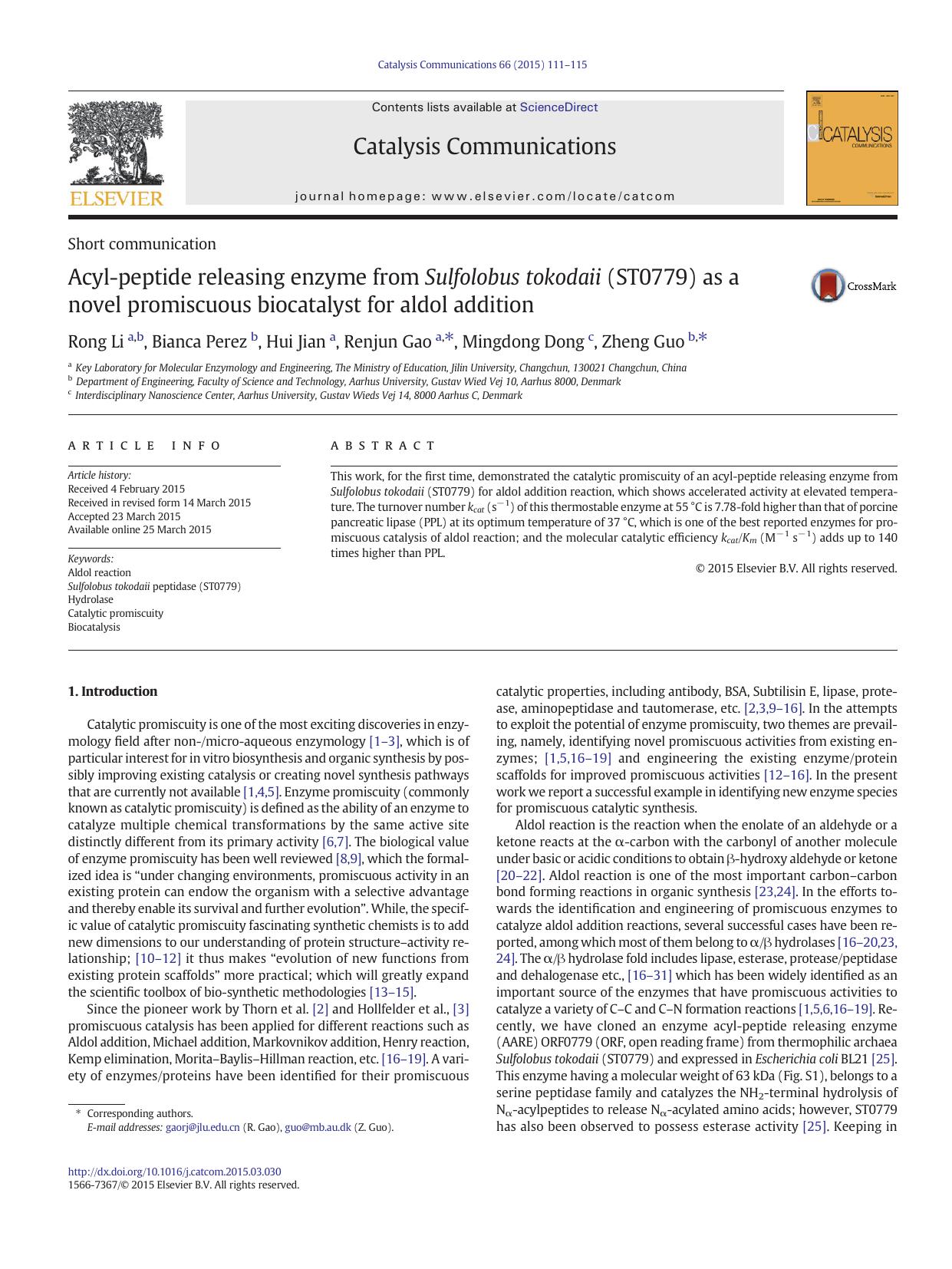 Acyl-peptide releasing enzyme from Sulfolobus tokodaii (ST0779) as a novel promiscuous biocatalyst for aldol addition by Rong Li & Bianca Perez & Hui Jian & Renjun Gao & Mingdong Dong & Zheng Guo