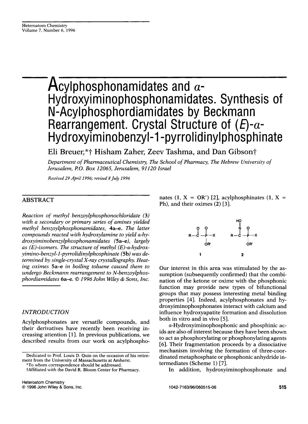 Acylphosphonamidates and [agr]-hydroxyiminophosphonamidates. Synthesis of N-acylphosphordiamidates by Beckmann rearrangement. Crystal structure of (E)-[agr]-hydroxyiminobenzyl-1-py by Unknown
