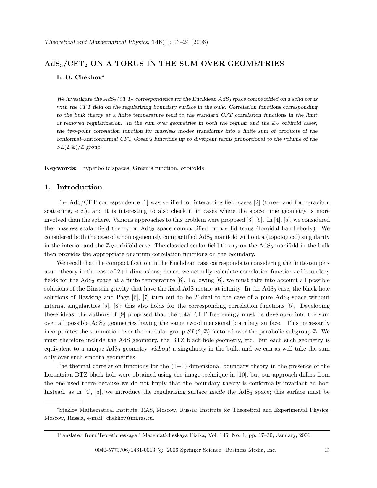 AdS<Subscript>3<Subscript>CFT<Subscript>2<Subscript> on a Torus in the Sum over Geometries by Unknown