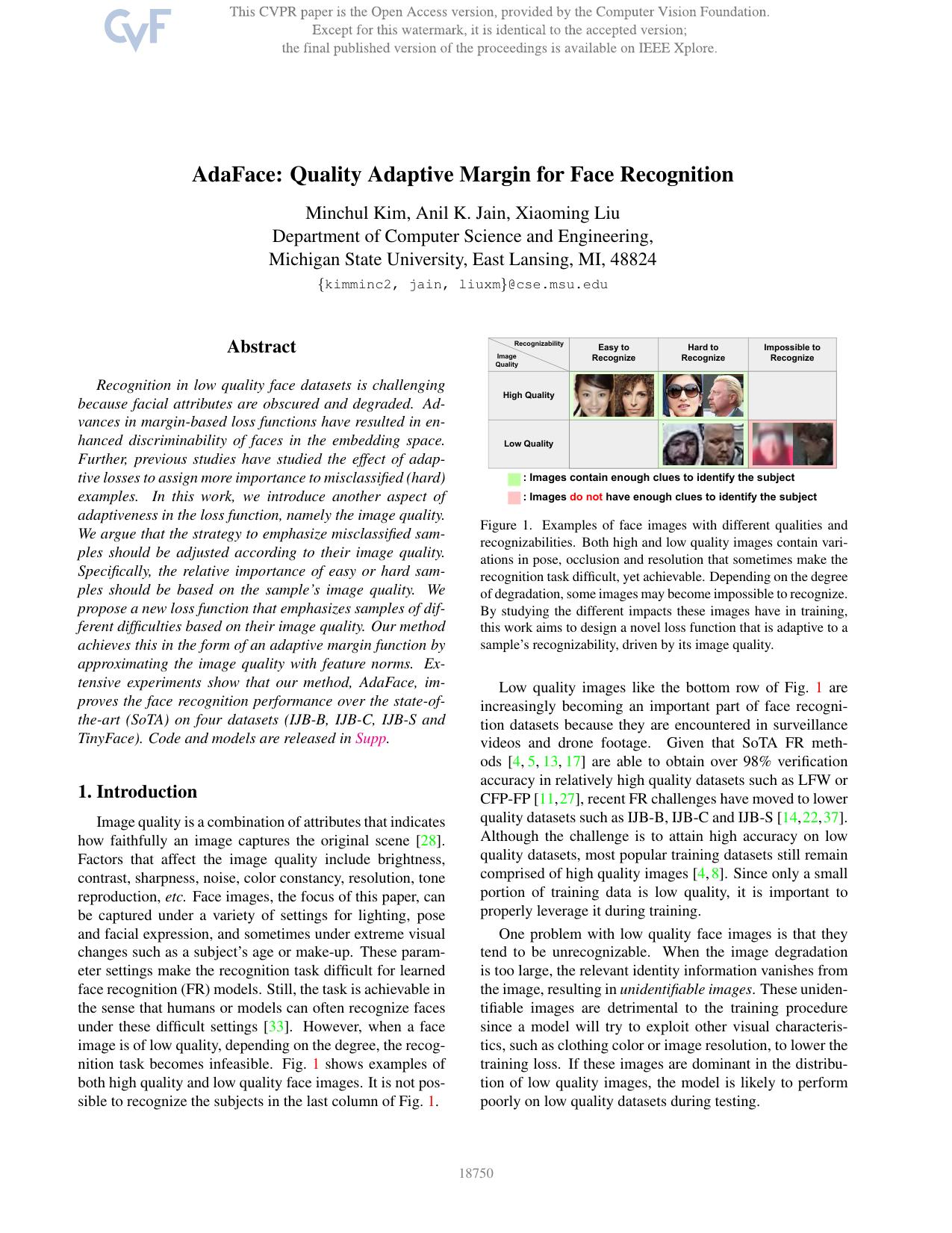 AdaFace: Quality Adaptive Margin for Face Recognition by Minchul Kim & Anil K. Jain & Xiaoming Liu