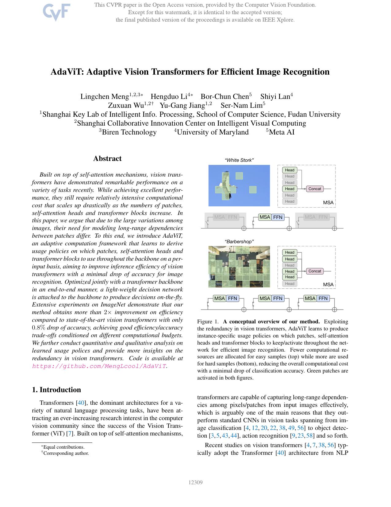 AdaViT: Adaptive Vision Transformers for Efficient Image Recognition by unknow
