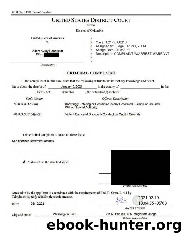 Adam Honeycutt - Complaint & Statement of Facts by USAO/FBI