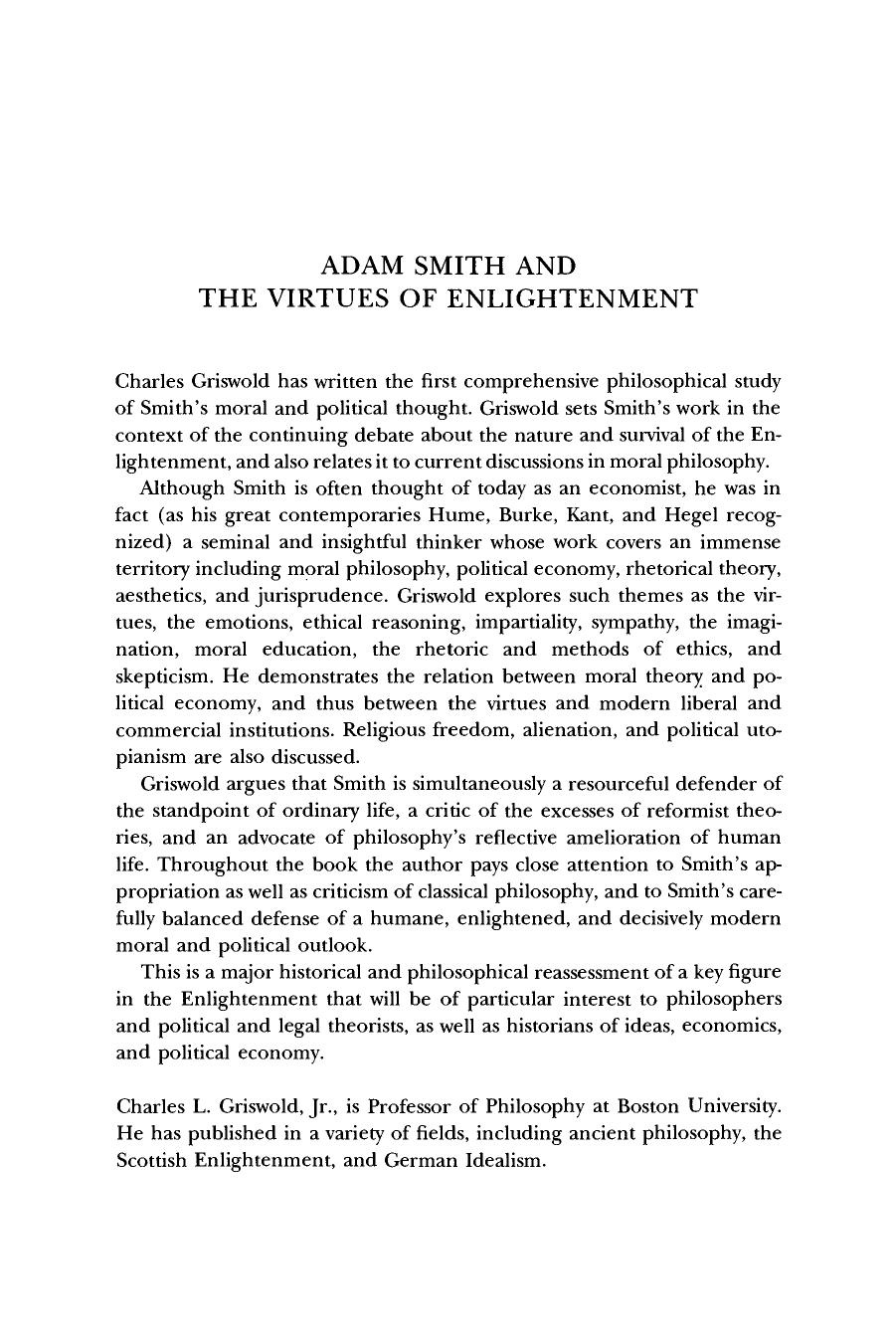 Adam Smith and the Virtues of Enlightenment (Modern European Philosophy) by Charles L. Griswold