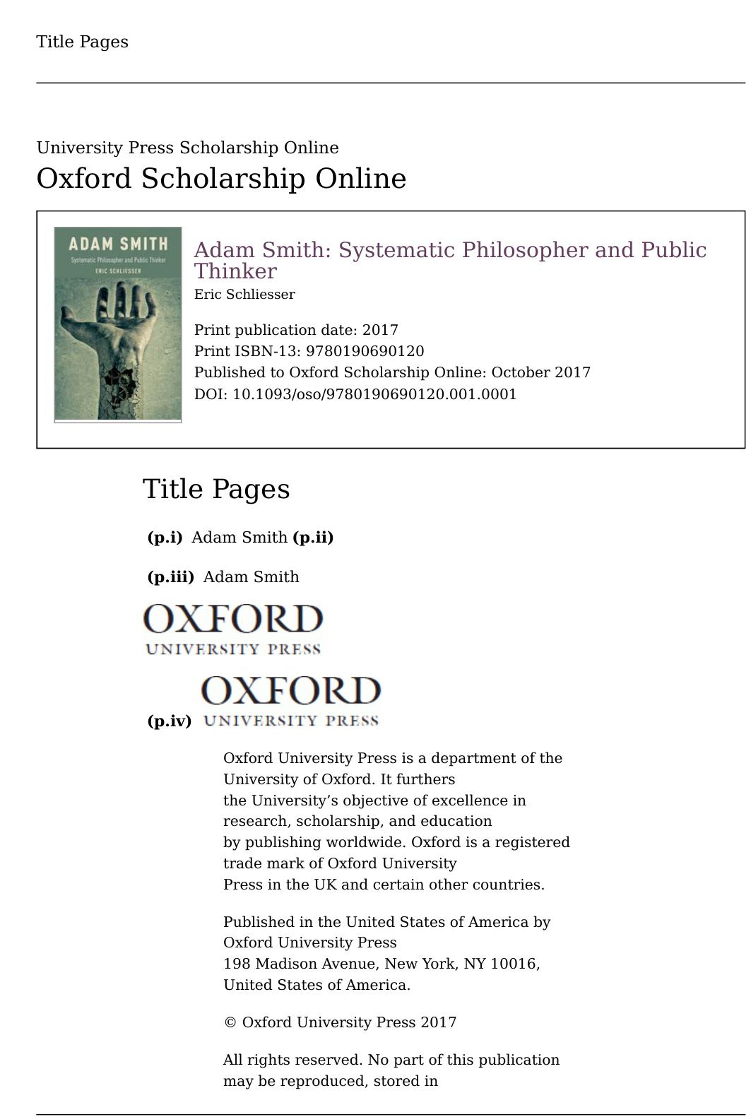 Adam Smith: Systematic Philosopher and Public Thinker by Eric Schliesser