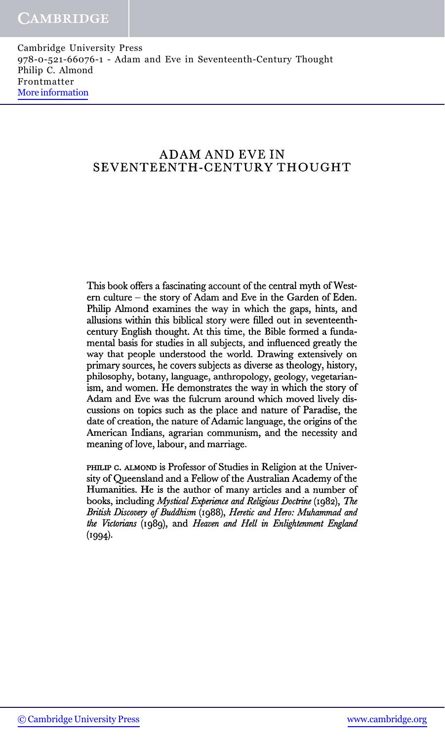 Adam and Eve in Seventeenth-Century Thought by Philip C. Almond