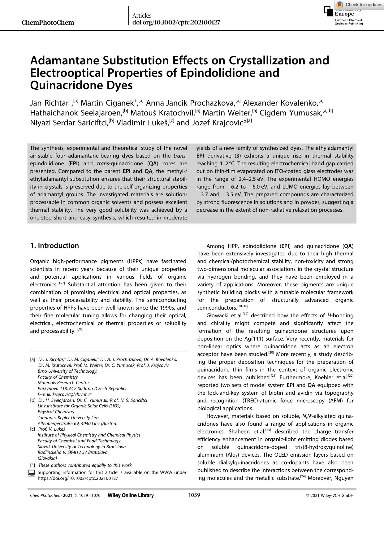 Adamantane Substitution Effects on Crystallization and Electrooptical Properties of Epindolidione and Quinacridone Dyes by Unknown