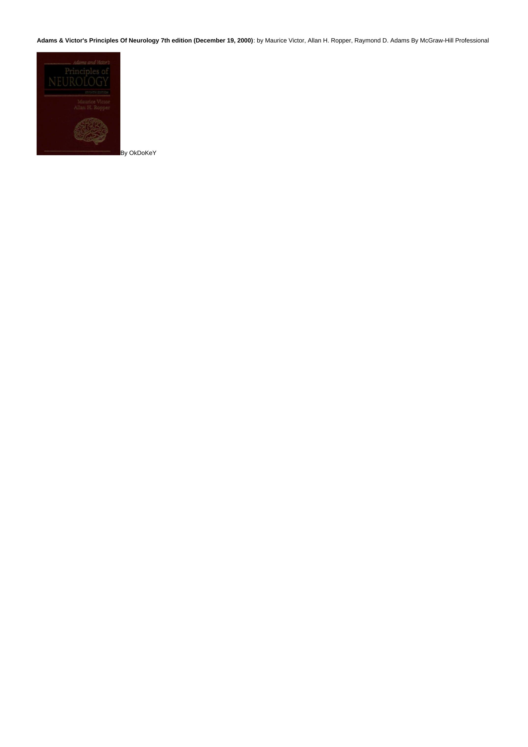 Adams & Victor's Principles Of Neurology by Maurice Victor Allan H. Ropper
