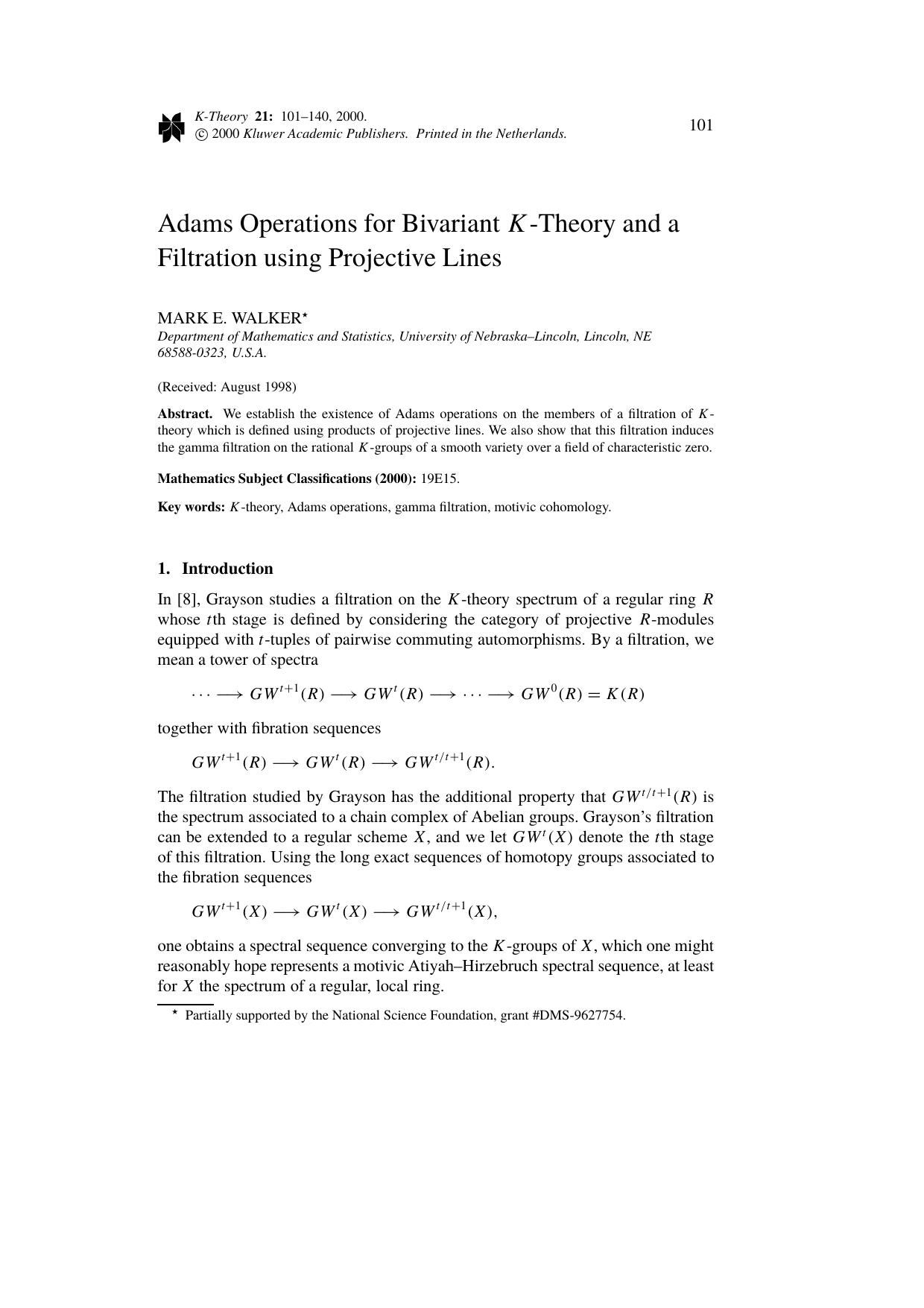 Adams Operations for Bivariant K-Theory and a Filtration Using Projective Lines by Unknown