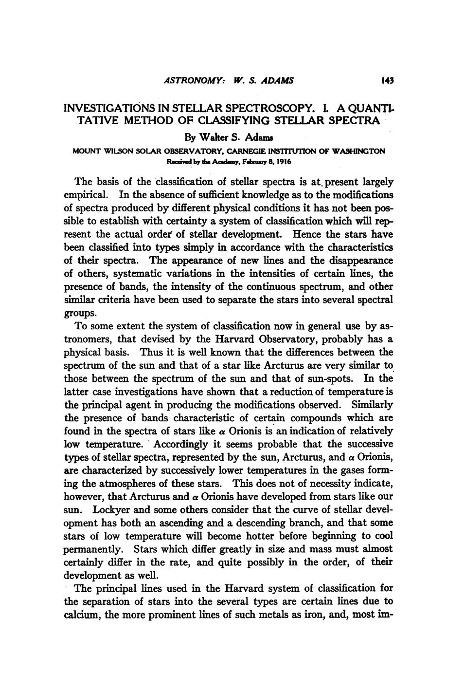 Adams W. S. Investigations in Stellar Spectroscopy I. A Quantitative Method of Classifying Stellar Spectra (1916)(en)(5s) by Unknown