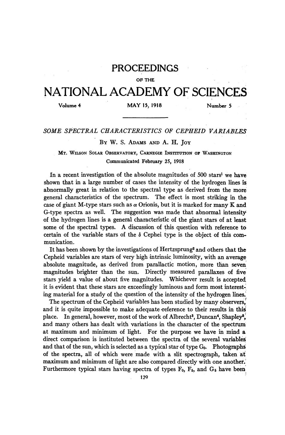 Adams W. S., Joy A. H. Some Spectral Characteristics of Cepheid Variables (1918)(en)(4s) by Unknown