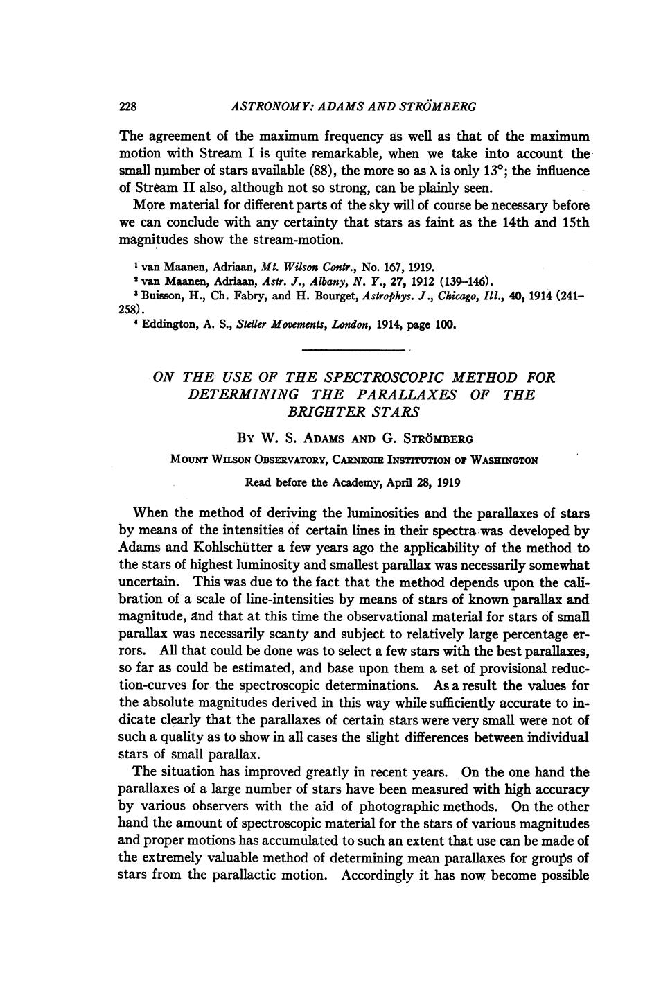 Adams W. S., Stromberg G. On the Use of the Spectroscopic Method for Determining the Parallaxes of the Brighter Stars (1919)(en)(5s) by Unknown