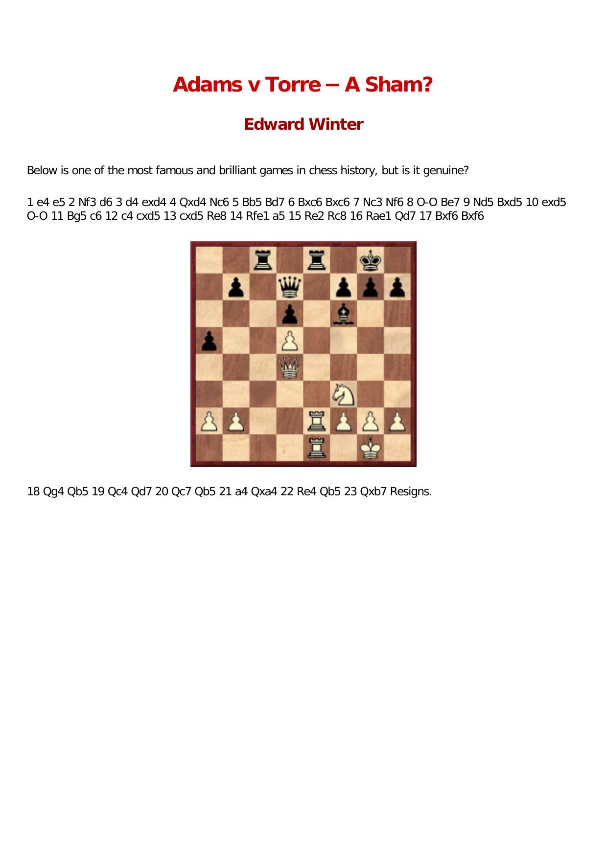 Adams vs Torre – A Sham by Edward Winter