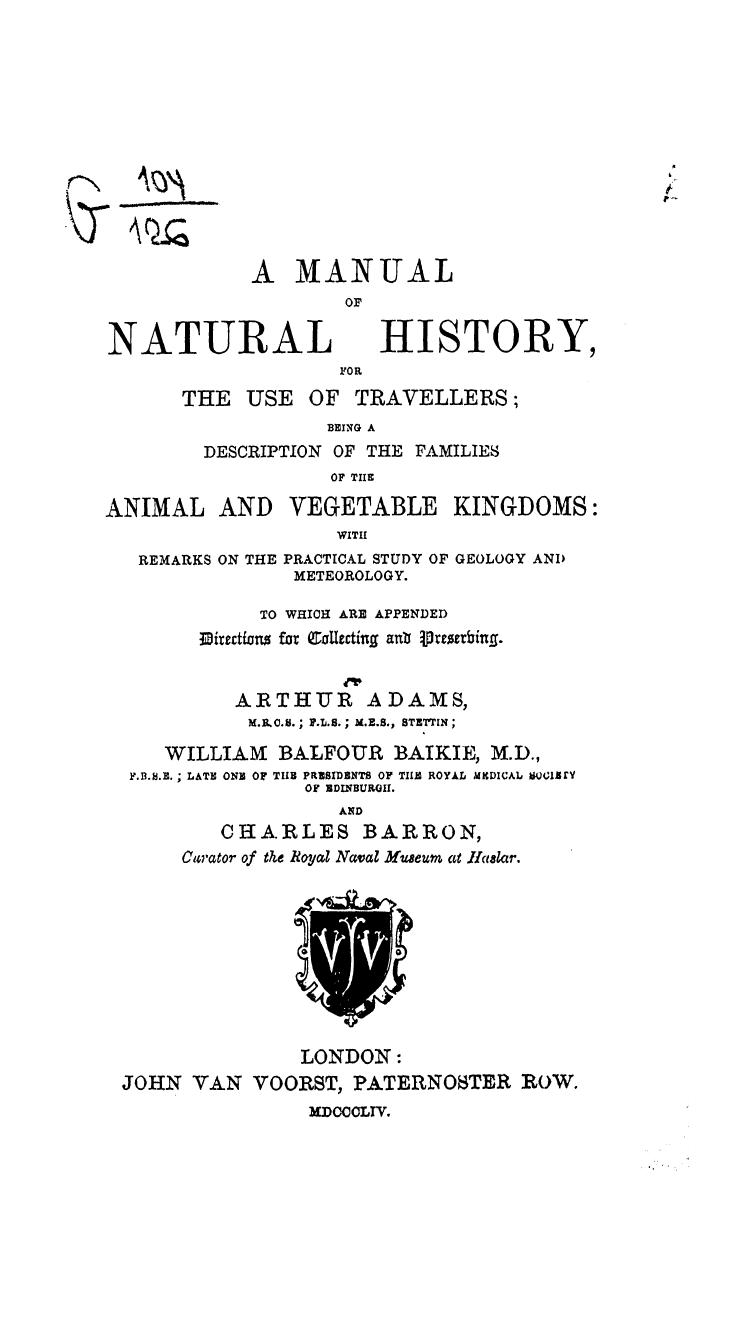 Adams, Arthur Adams, William Balfour Baikie - A manual of natural history by 1854