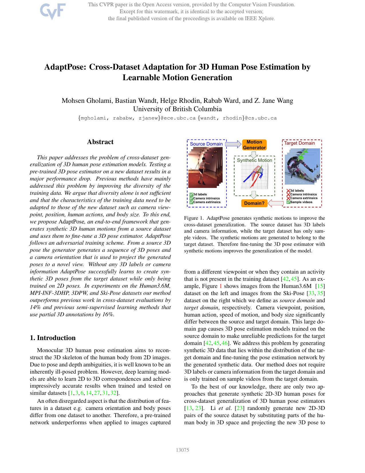 AdaptPose: Cross-Dataset Adaptation for 3D Human Pose Estimation by Learnable Motion Generation by Mohsen Gholami & Bastian Wandt & Helge Rhodin & Rabab Ward & Z. Jane Wang