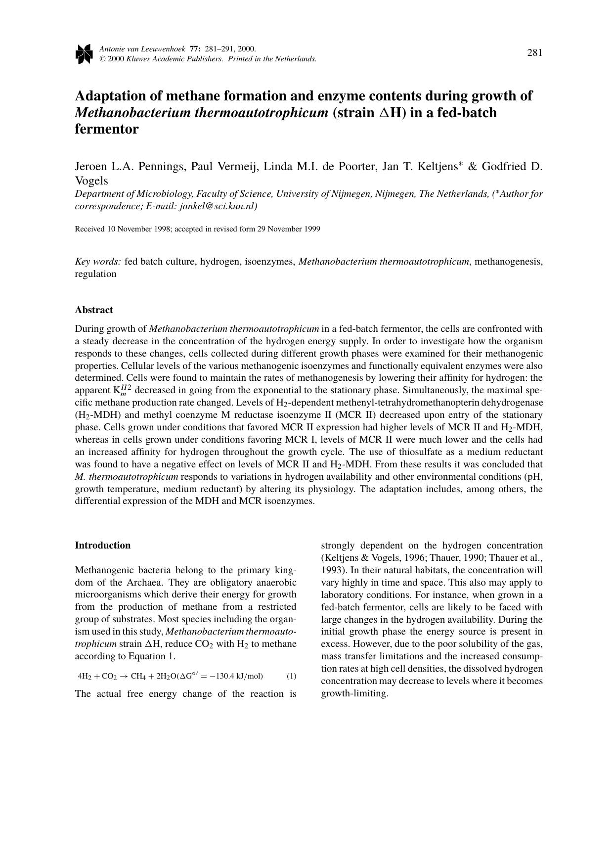 Adaptation of methane formation and enzyme contents during growth of Methanobacterium thermoautotrophicum (strain ΔH) in a fed-batch fermentor by Unknown