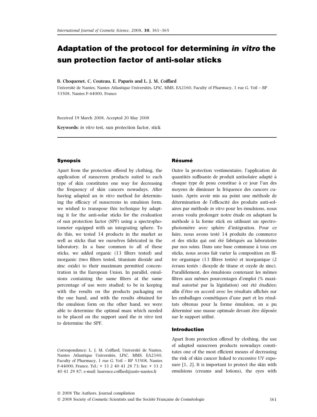 Adaptation of the protocol for determining in vitro the sun protection factor of anti-solar sticks by Unknown