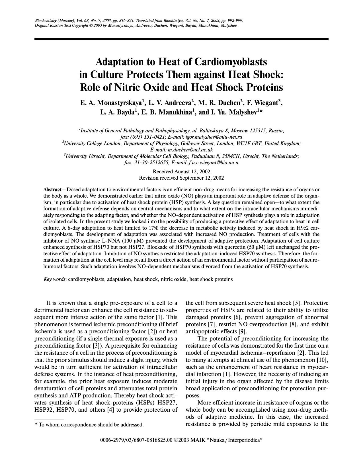 Adaptation to Heat of Cardiomyoblasts in Culture Protects Them against Heat Shock: Role of Nitric Oxide and Heat Shock Proteins by Unknown