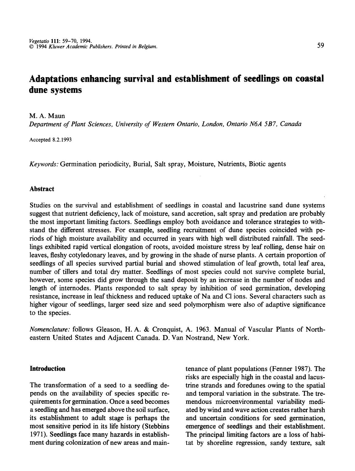 Adaptations enhancing survival and establishment of seedlings on coastal dune systems by Unknown