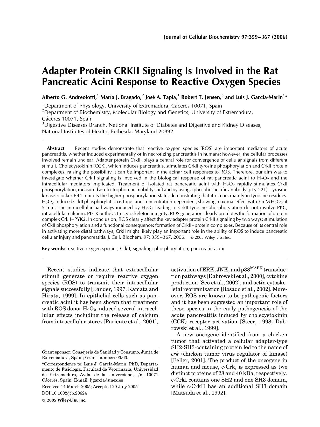 Adapter protein CRKII signaling is involved in the rat pancreatic acini response to reactive oxygen species by Unknown