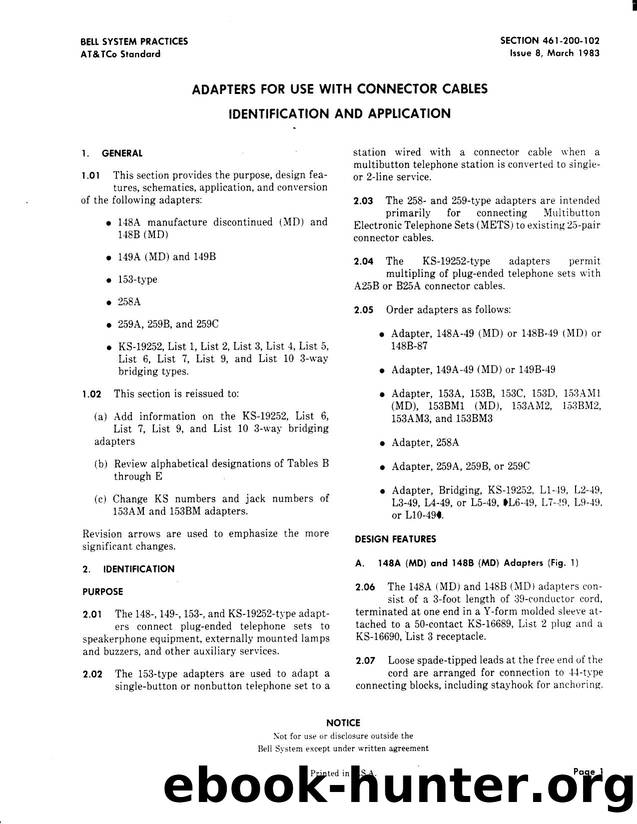 Adapters for Use with Connector Cables Identification and Application by AT&&T