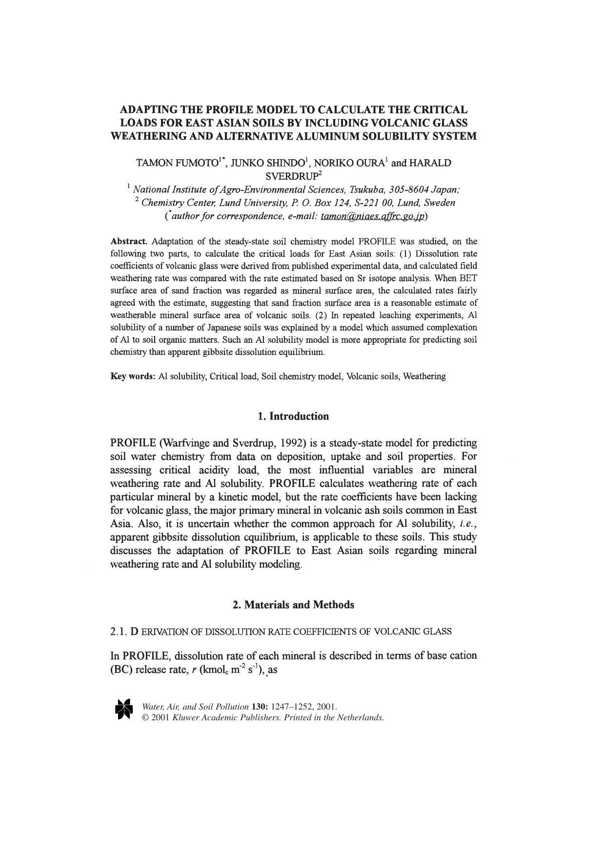 Adapting the Profile Model to Calculate the Critical Loads for East Asian Soils by Including Volcanic Glass Weathering and Alternative Aluminum Solubility System by Unknown