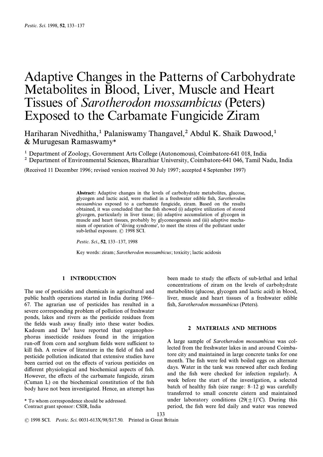 Adaptive Changes in the Patterns of Carbohydrate Metabolites in Blood, Liver, Muscle and Heart Tissues of Sarotherodon mossambicus (Peters) Exposed to the Carbamate Fungicide Ziram by Nivedhitha Thangavel Shaik Dawood Ramaswamy