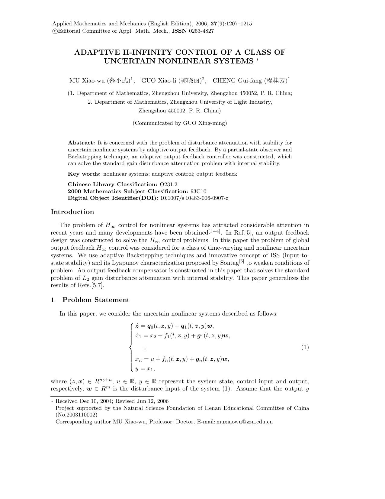 Adaptive H-infinity control of a class of uncertain nonlinear systems by Unknown