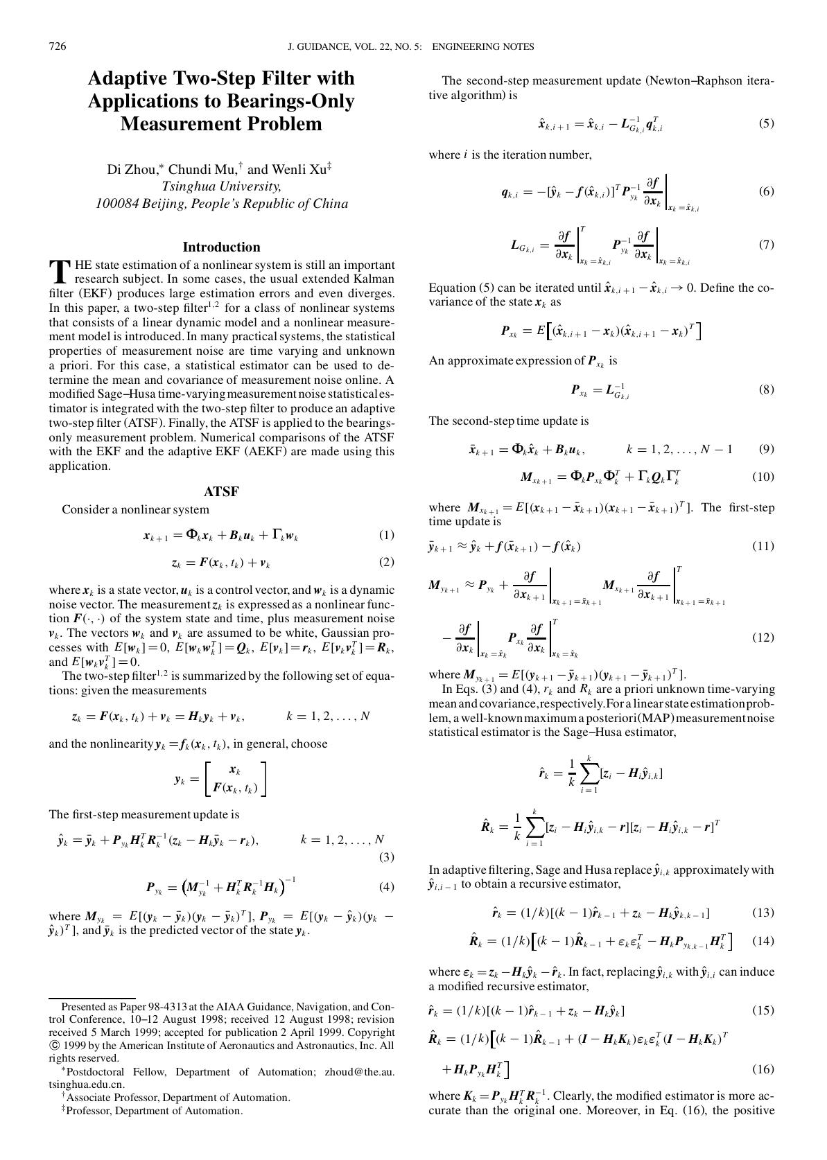 Adaptive Two-Step Filter with Applications to Bearings-Only Measurement Problem by Unknown