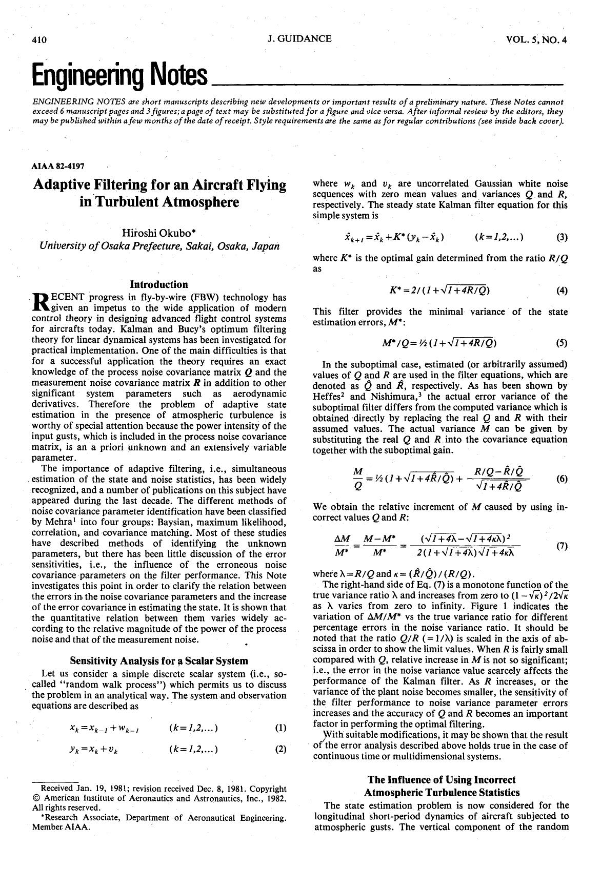 Adaptive filtering for an aircraft flying in turbulent atmosphere by Unknown