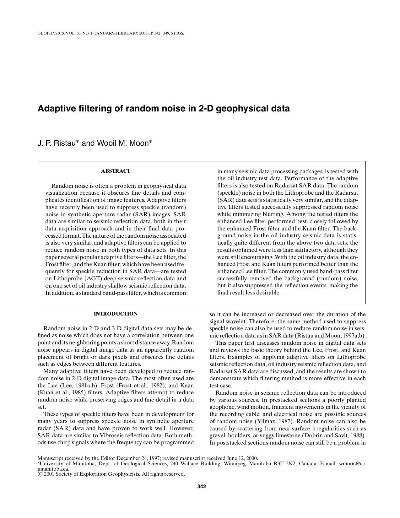 Adaptive filtering of random noise in 2-D geophysical data by J.P. Ristau W.M. Moon