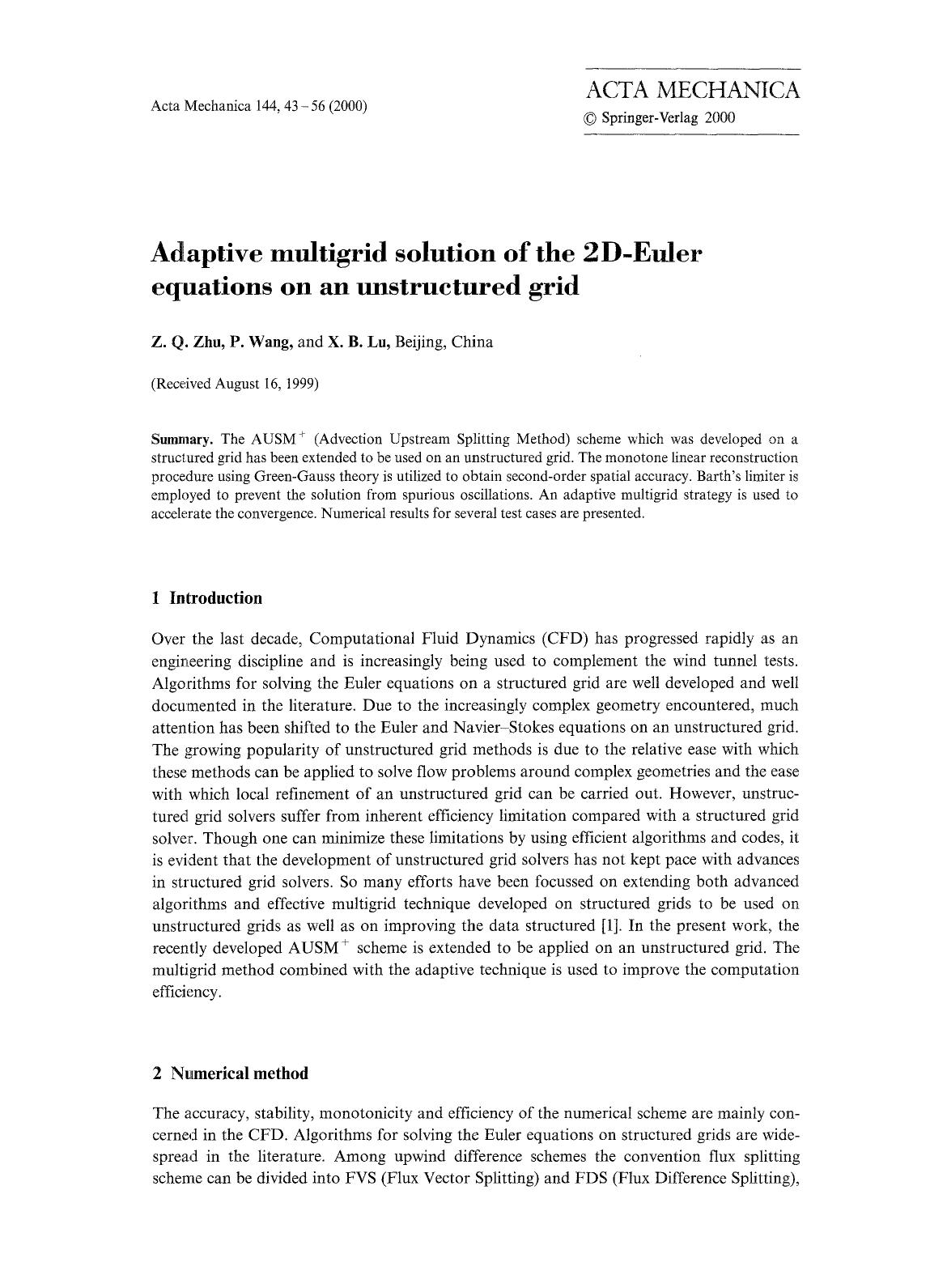 Adaptive multigrid solution of the 2D-Euler equations on an unstructured grid by Unknown