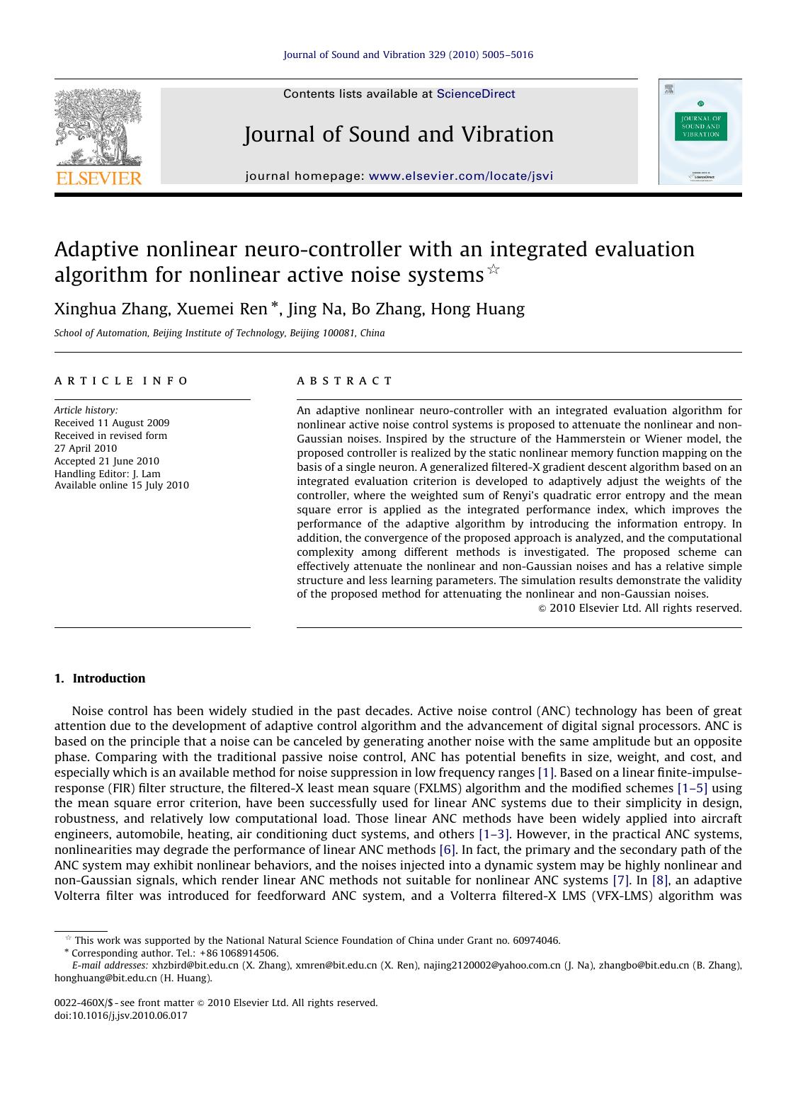 Adaptive nonlinear neuro-controller with an integrated evaluation algorithm for nonlinear active noise systems by Xinghua Zhang & Xuemei Ren & Jing Na & Bo Zhang & Hong Huang