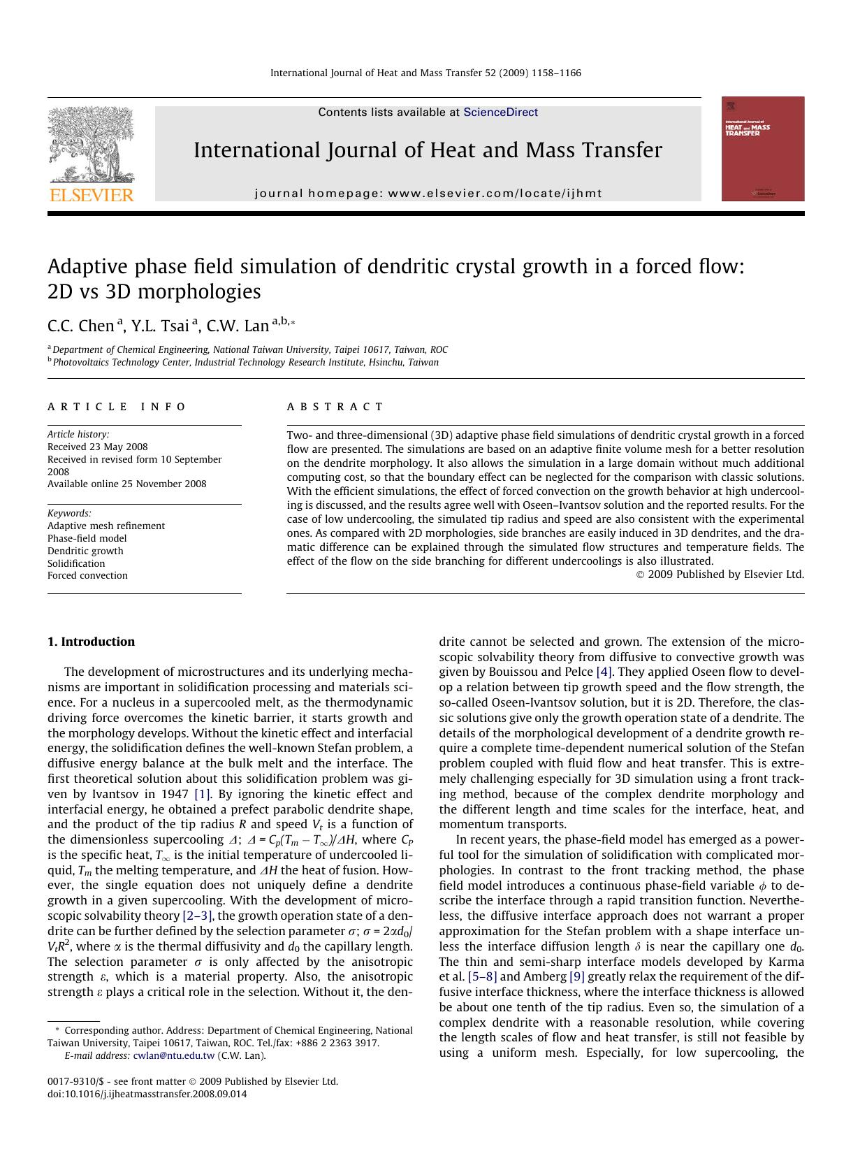 Adaptive phase field simulation of dendritic crystal growth in a forced flow: 2D vs 3D morphologies by C.C. Chen; Y.L. Tsai; C.W. Lan