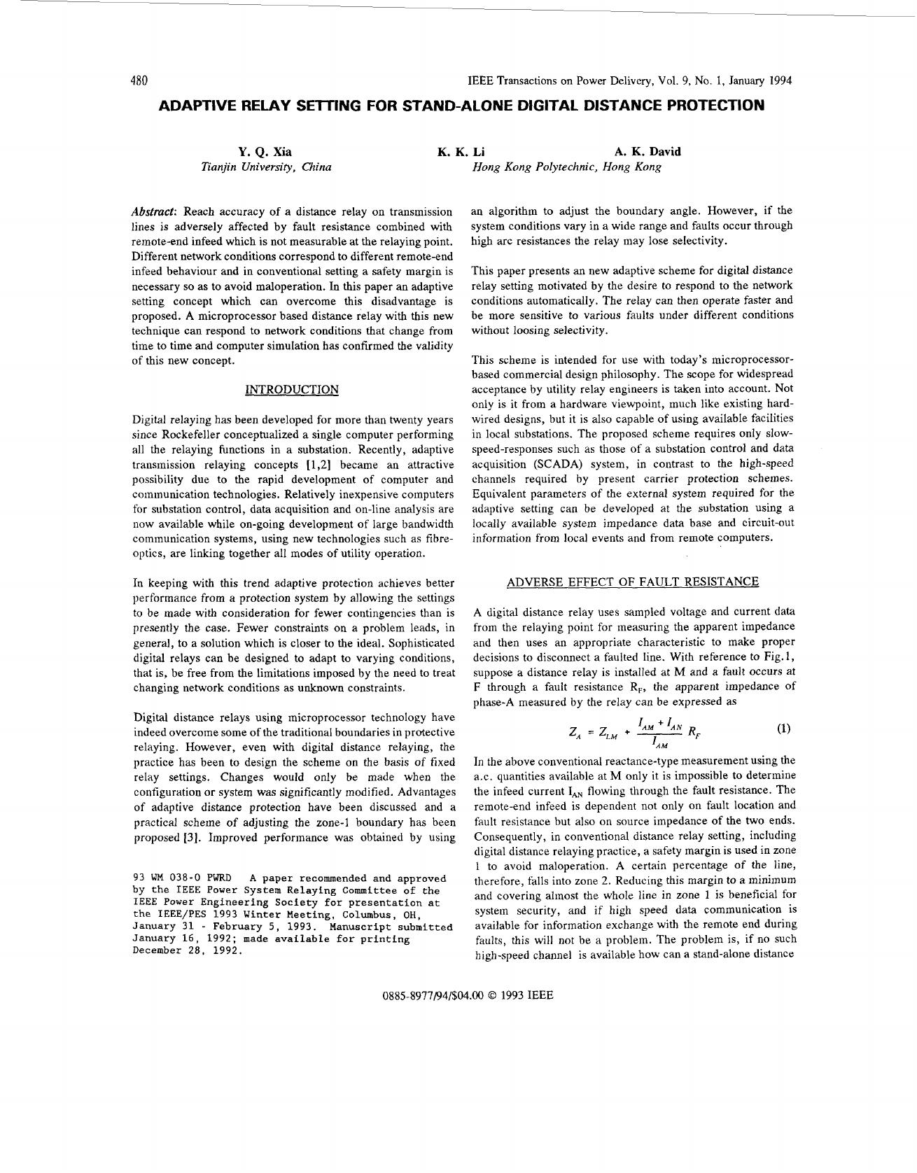 Adaptive relay setting for stand-alone digital distance protection - Power Delivery, IEEE Transactions on by IEEE