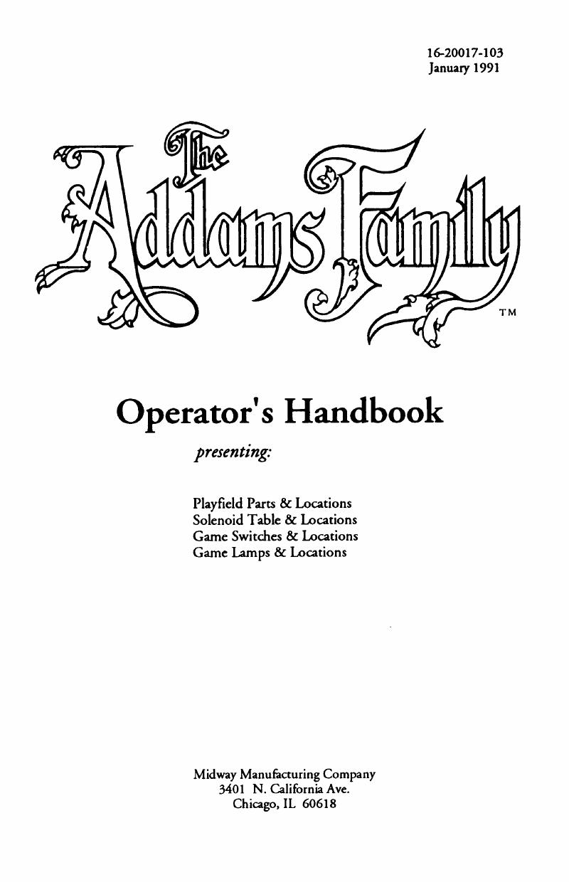 Addams Family Operators Handbook by Williams Electronics Inc