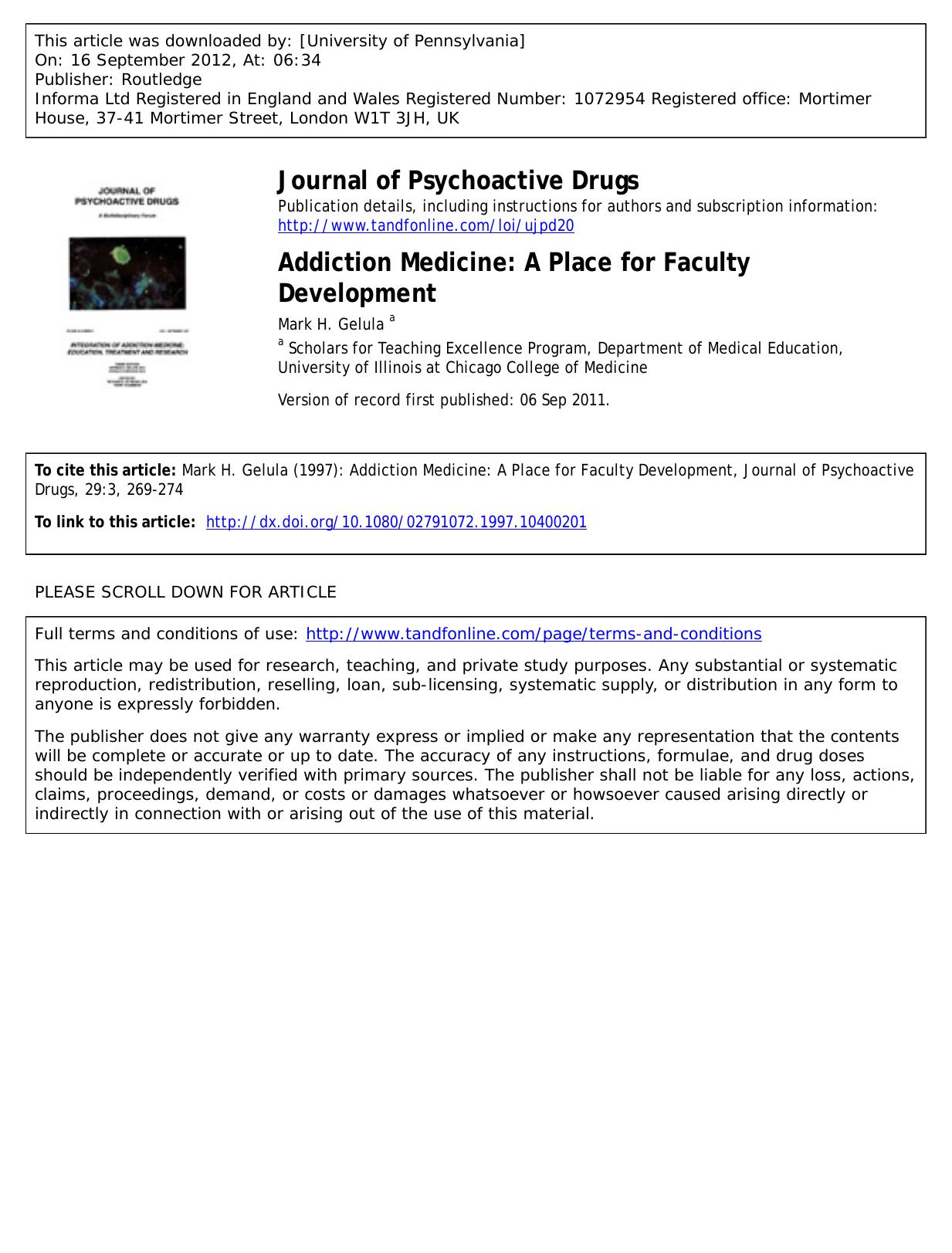 Addiction Medicine: A Place for Faculty Development by Mark H. Gelula a