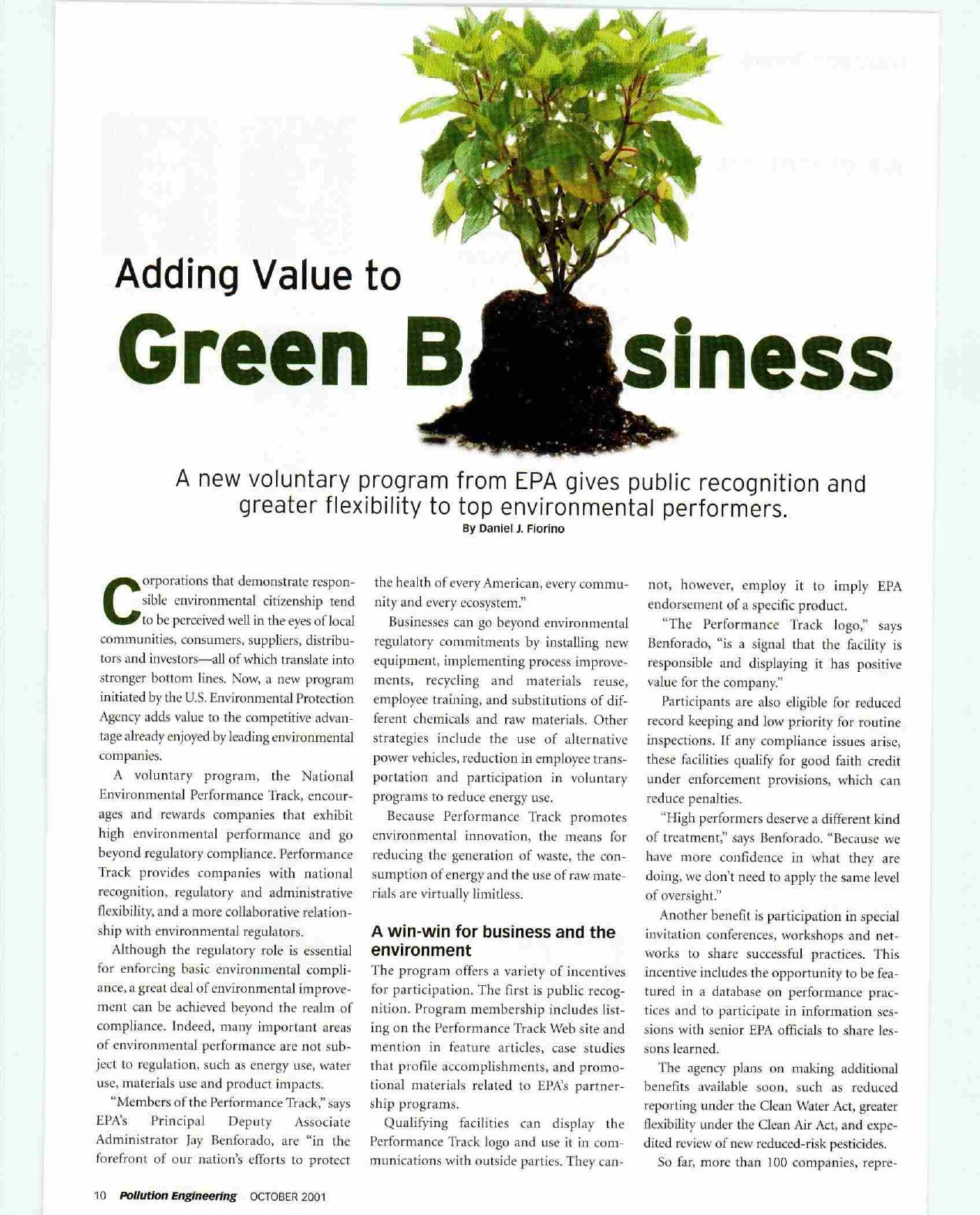 Adding Value to Green Business. by Unknown
