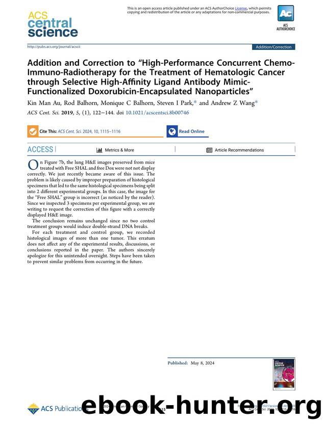 Addition and Correction to âHigh-Performance Concurrent Chemo-Immuno-Radiotherapy for the Treatment of Hematologic Cancer through Selective High-Affinity Ligand Antibody Mimic-Fu by unknow